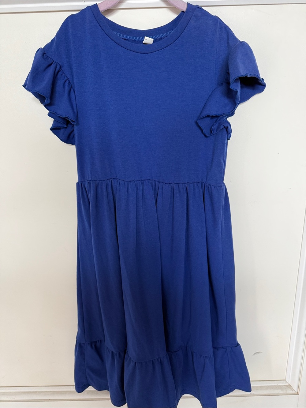 Girls Royal Blue Ruffle-Sleeve Knit Dress